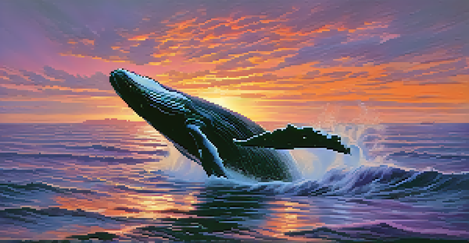 A silhouette of a whale breaching the ocean surface at sunset, with a colorful sky reflected in the water.
