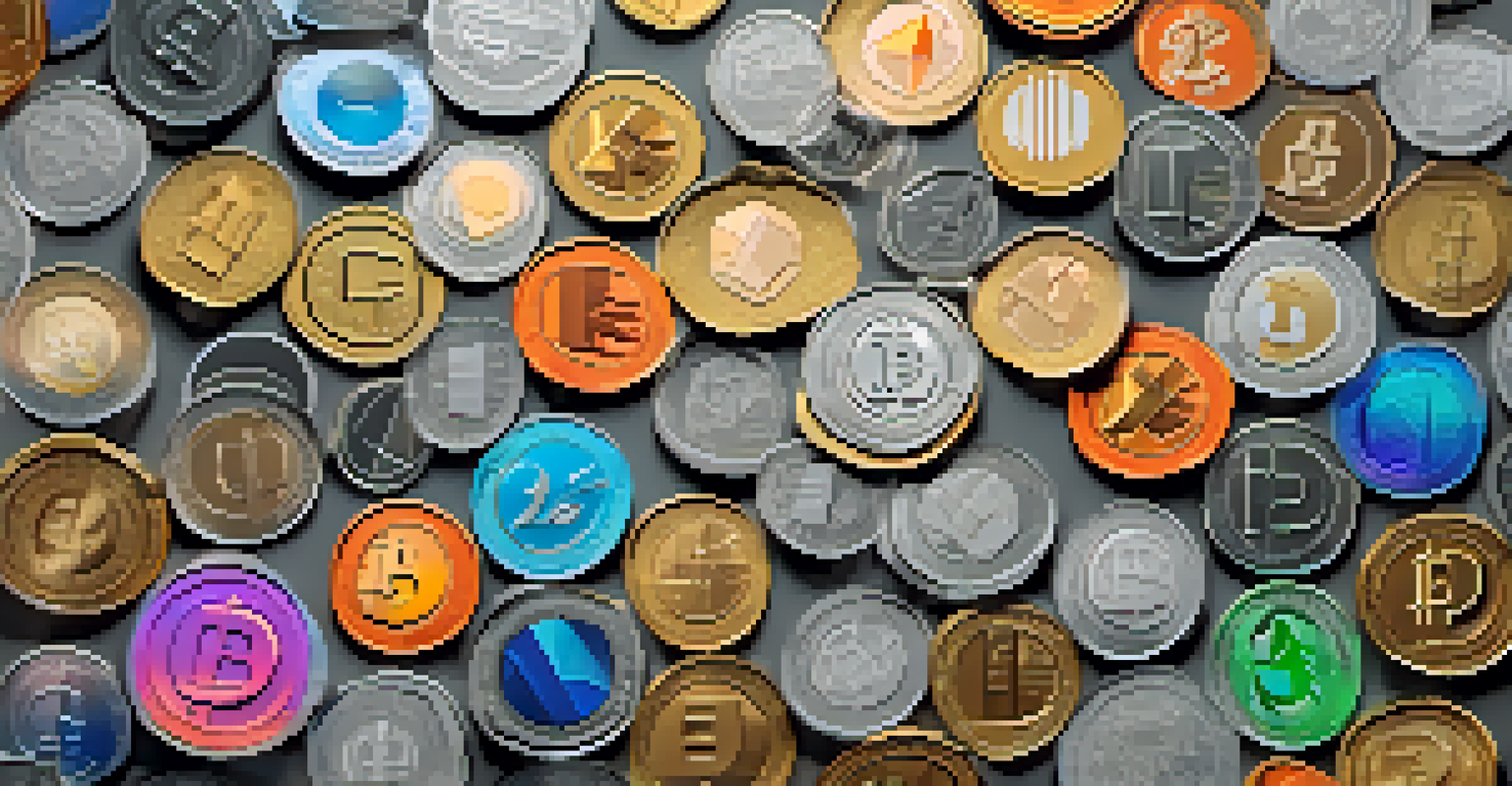 A paper wallet placed among colorful cryptocurrency coins, illuminated by soft light.