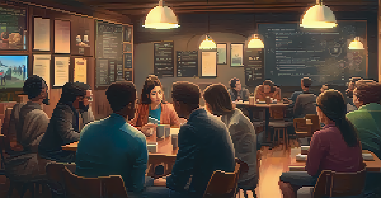 A diverse group of people having a discussion about cryptocurrency scams in a cozy coffee shop.