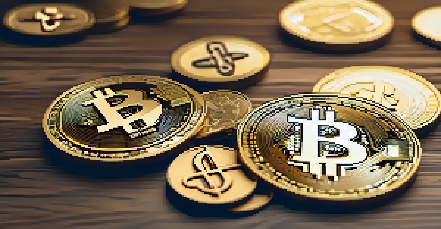 A golden cryptocurrency coin on a wooden desk surrounded by dollar bills, with a detailed blockchain symbol design.