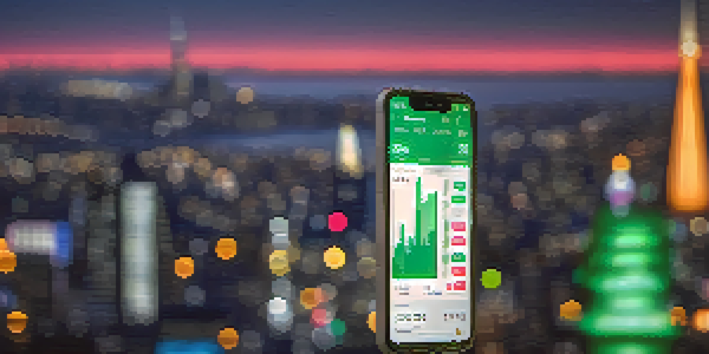 Close-up of a smartphone showing a cryptocurrency trading app with candlestick charts.
