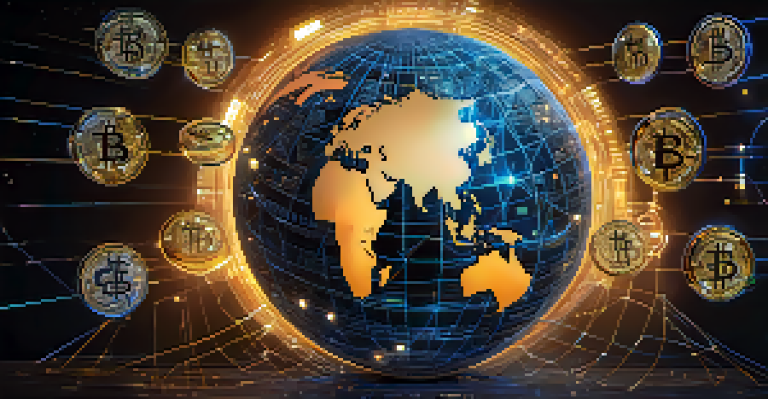 A globe surrounded by digital currency symbols and blockchain structures, illuminated by light trails.