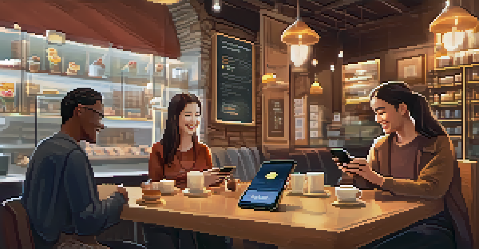A person using a smartphone in a café to send stablecoins with a joyful expression.