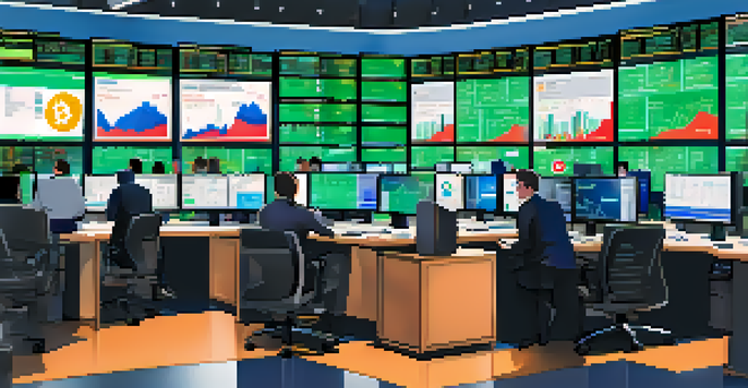 A busy cryptocurrency trading floor with traders discussing and screens showing market data and a high liquidity graph.