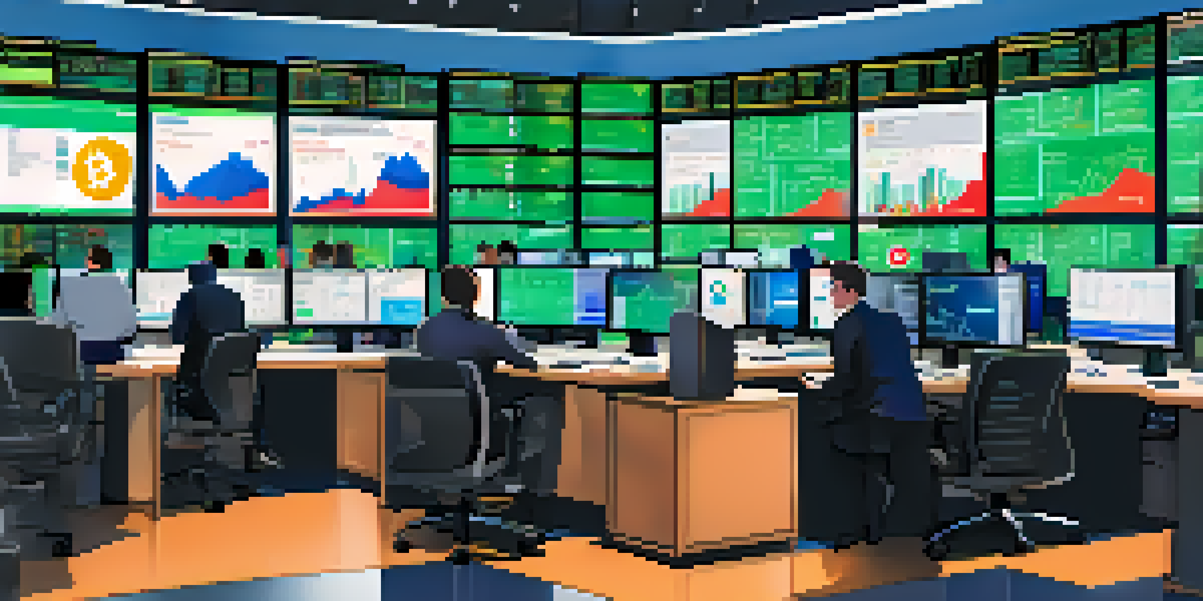 A busy cryptocurrency trading floor with traders discussing and screens showing market data and a high liquidity graph.