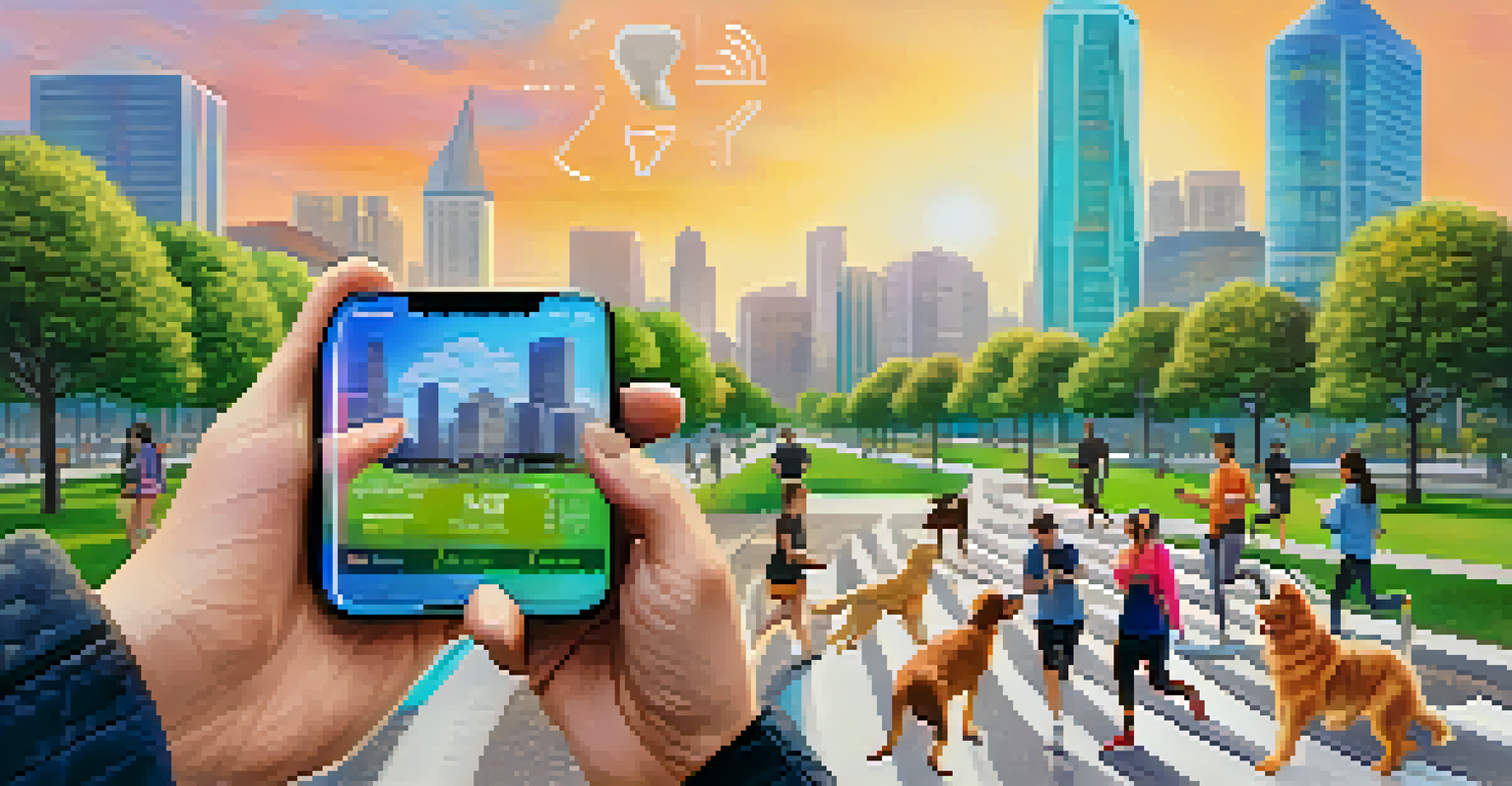 Hands holding a smartphone with a cryptocurrency app, with a park and people in the background.