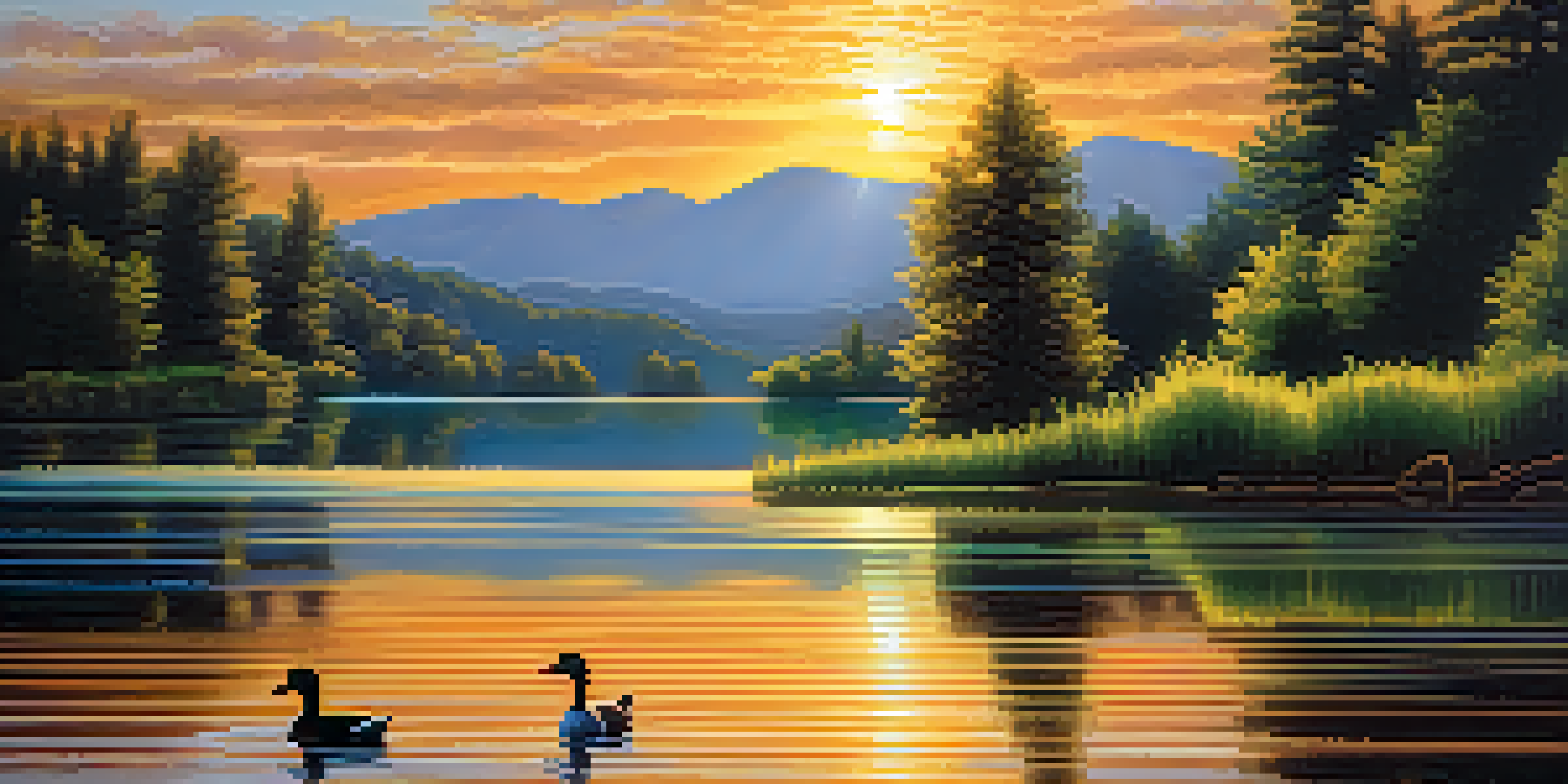 A peaceful lake surrounded by green mountains during sunset, with ducks swimming in the foreground.