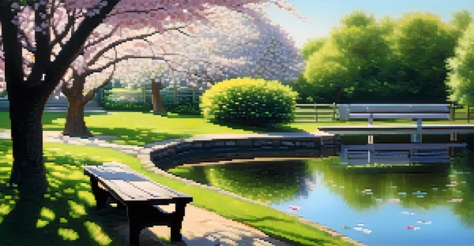 A peaceful garden with colorful flowers, a small pond, and a wooden bench under cherry blossom trees.