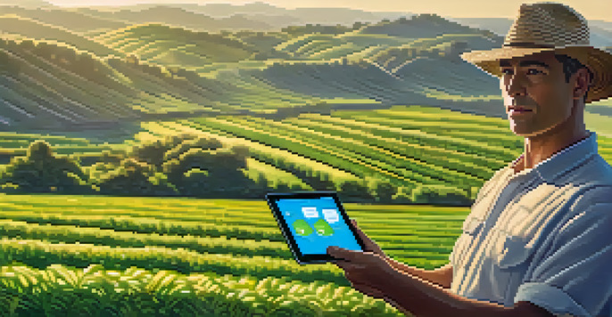 A rural farmer in a green field holding a tablet, representing the use of blockchain technology in agriculture.