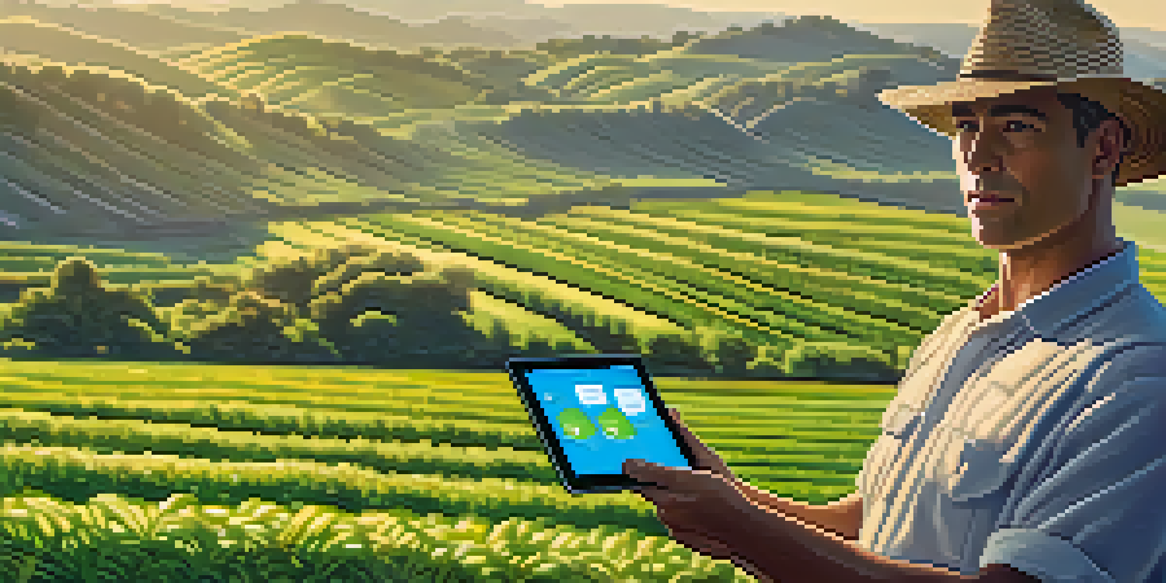 A rural farmer in a green field holding a tablet, representing the use of blockchain technology in agriculture.