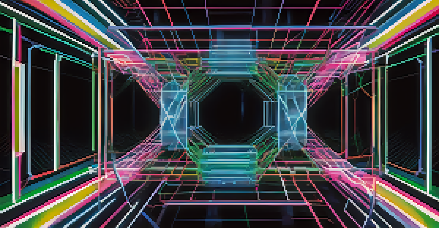 An abstract image of blockchain technology with interconnected nodes and digital chains in neon colors.