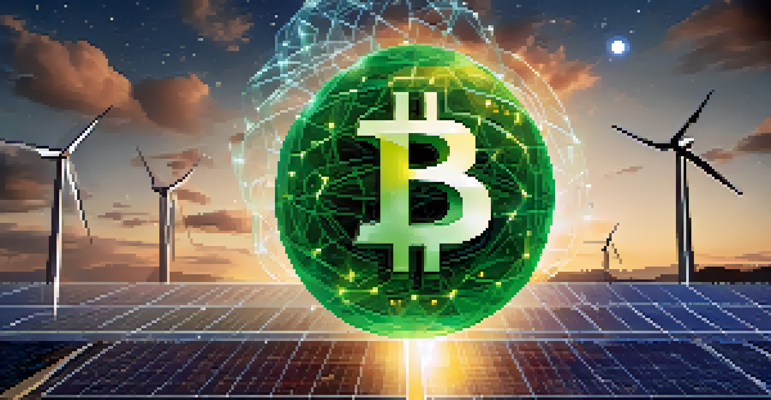 A digital currency symbol above a globe with renewable energy sources, showcasing the connection between technology and sustainability.