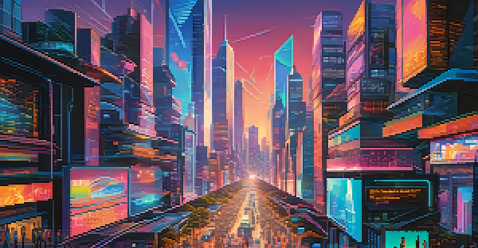 A futuristic city skyline with glowing data streams representing digital transactions, featuring vibrant neon colors and modern architecture.