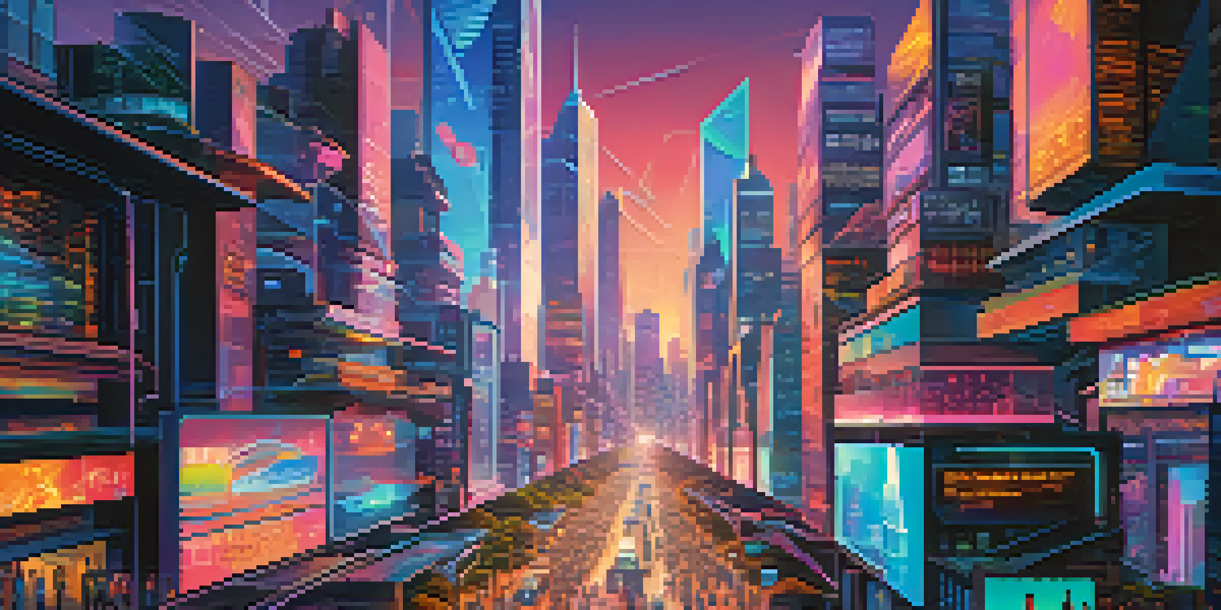 A futuristic city skyline with glowing data streams representing digital transactions, featuring vibrant neon colors and modern architecture.