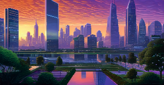 A futuristic city skyline at dusk, with glowing skyscrapers and greenery, and people discussing around digital devices.