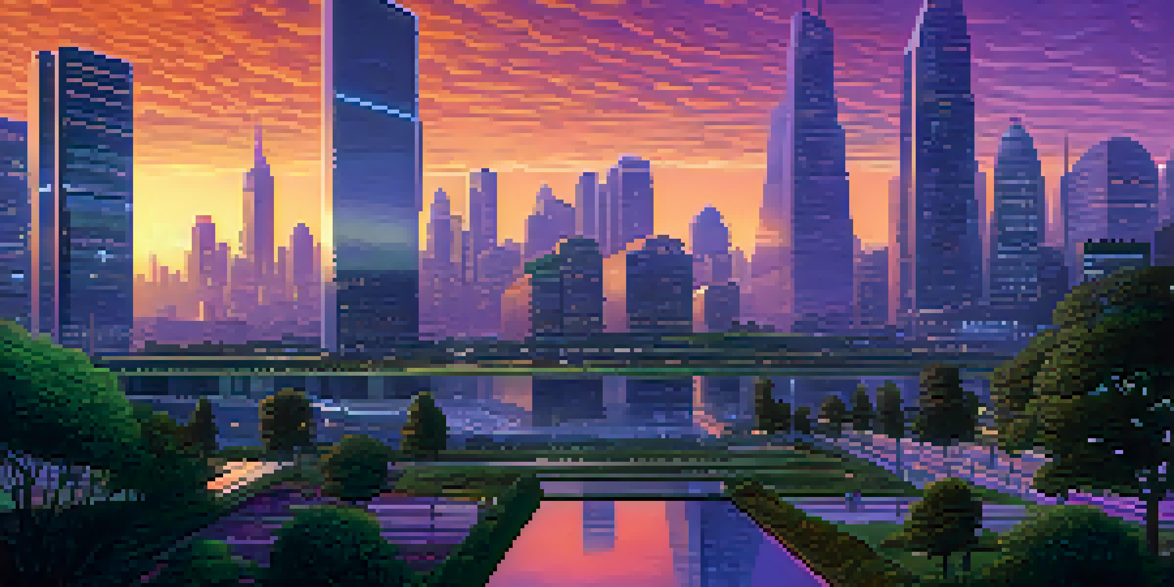 A futuristic city skyline at dusk, with glowing skyscrapers and greenery, and people discussing around digital devices.
