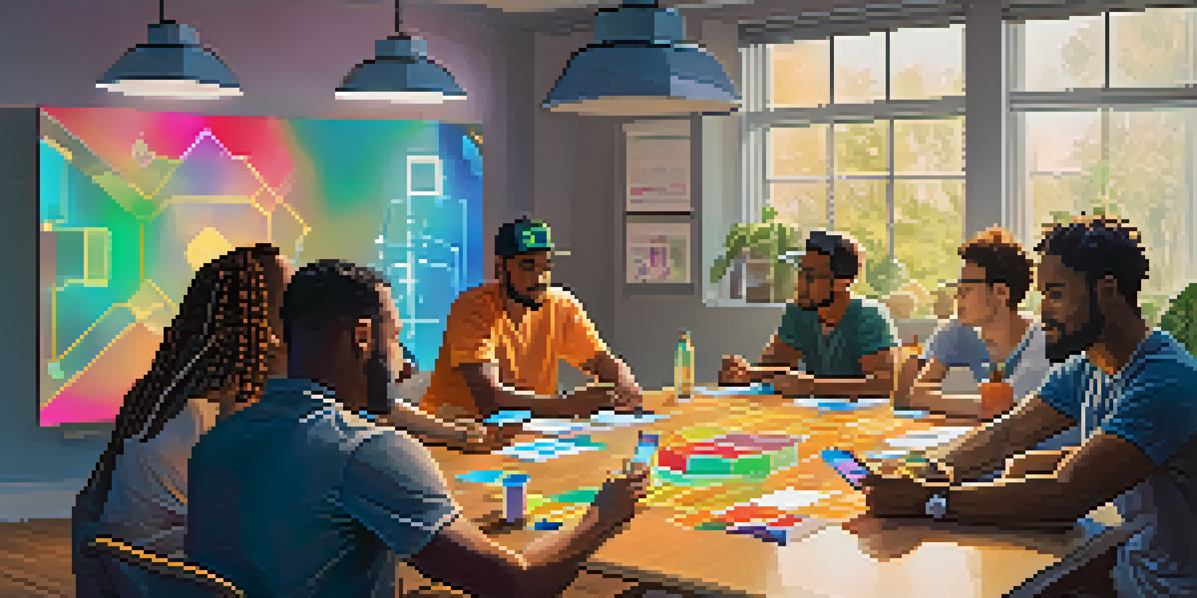 A diverse group of people attending a community workshop focused on cryptocurrency education, with charts and digital devices present.