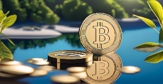 A golden stablecoin resting on a reflective surface, surrounded by greenery and a clear blue sky, with soft sunlight creating gentle shadows.