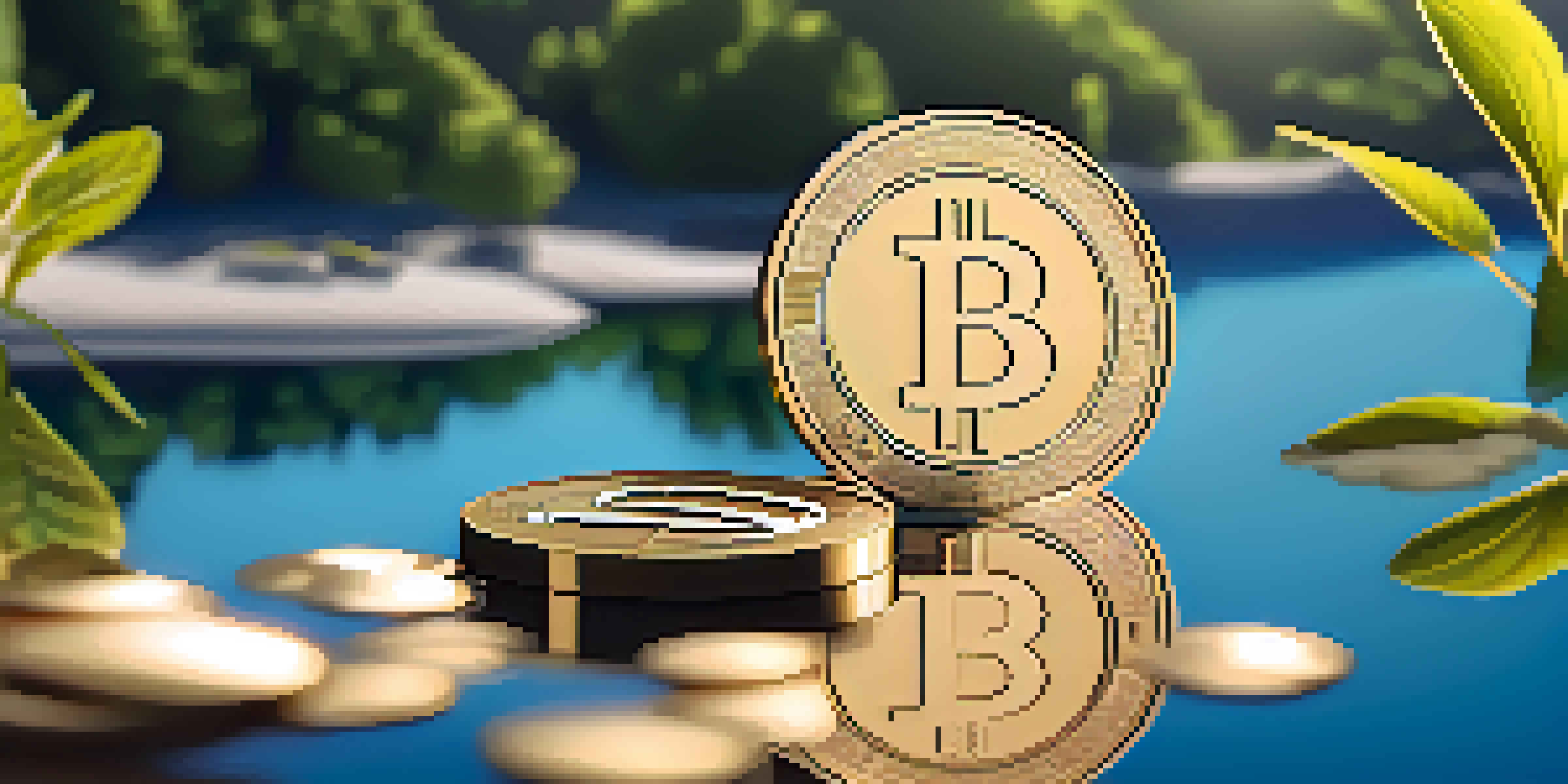 A golden stablecoin resting on a reflective surface, surrounded by greenery and a clear blue sky, with soft sunlight creating gentle shadows.