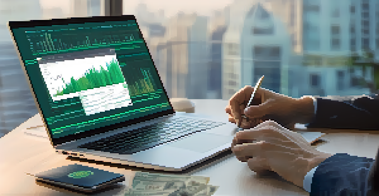 Close-up of hands typing on a laptop displaying cryptocurrency charts in a modern office with natural light.