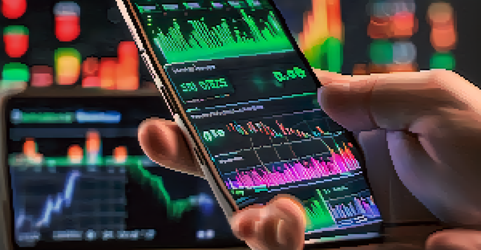 A trader's hand holding a smartphone with cryptocurrency charts, conveying a sense of focus and tension in a trading environment.