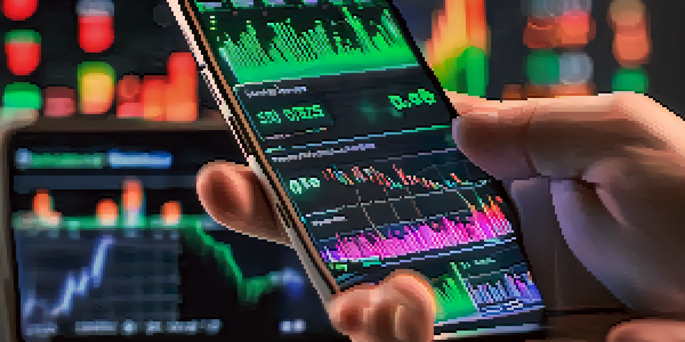 A trader's hand holding a smartphone with cryptocurrency charts, conveying a sense of focus and tension in a trading environment.