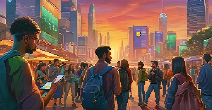 A lively city scene with people using mobile devices to engage with cryptocurrency, surrounded by digital screens displaying cryptocurrency charts against a sunset backdrop.