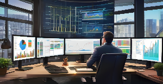 A trader in a modern office analyzing cryptocurrency charts on multiple screens, with warm lighting and a minimalist desk.