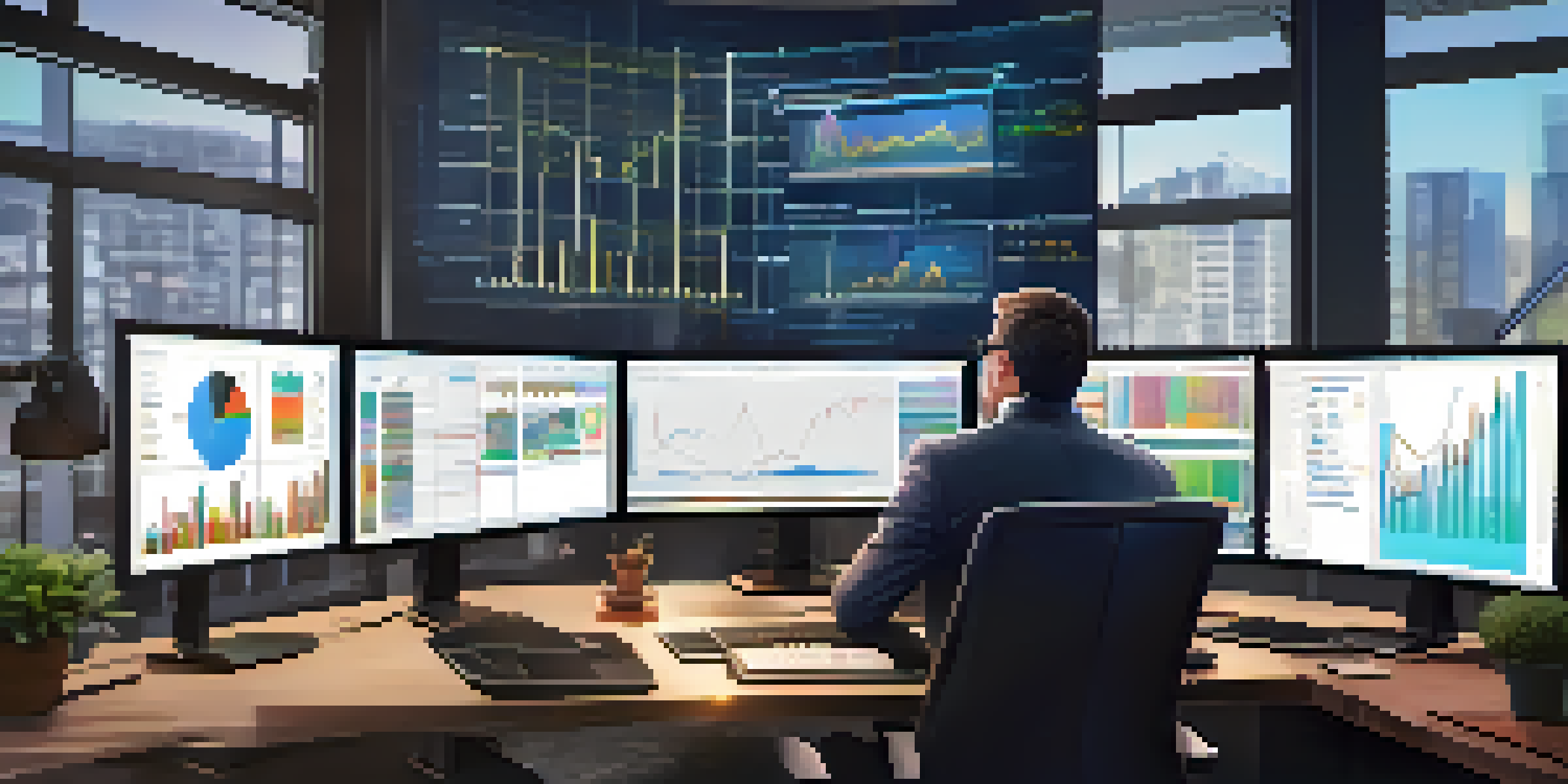 A trader in a modern office analyzing cryptocurrency charts on multiple screens, with warm lighting and a minimalist desk.