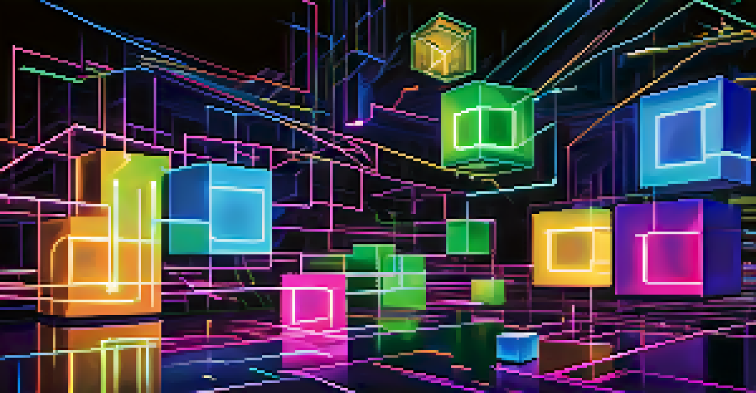 An abstract digital landscape displaying interconnected blocks representing blockchain technology in vibrant colors.