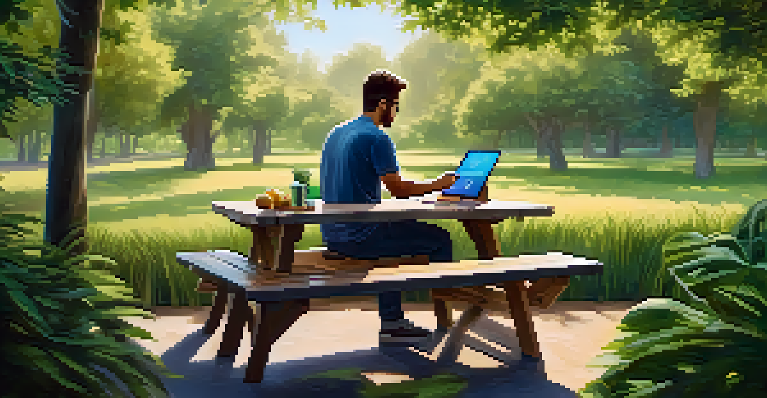 A person sitting at a picnic table outdoors, using a tablet to track cryptocurrency transactions, with greenery and sunlight in the background.