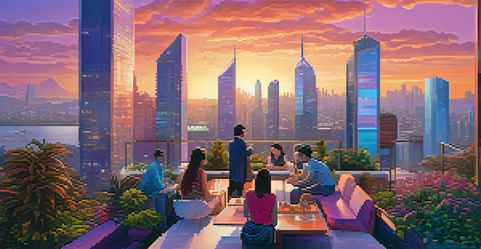 A futuristic city with skyscrapers and greenery at sunset, depicting people discussing blockchain governance.