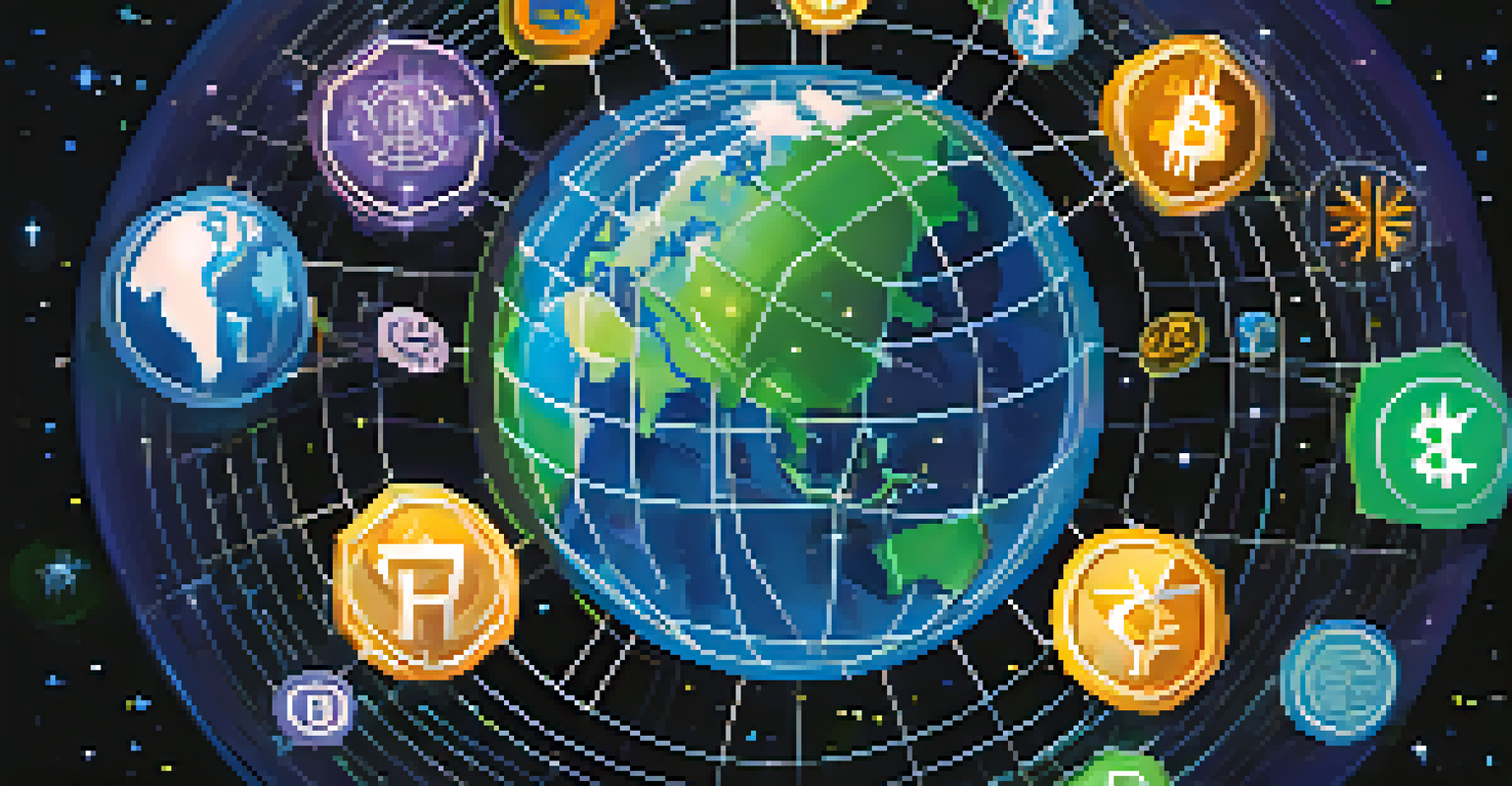 A globe surrounded by colorful cryptocurrency symbols, highlighting global finance.