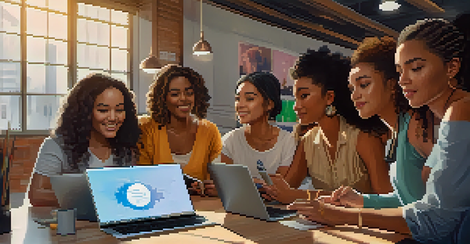 A group of diverse women participating in a cryptocurrency trading workshop, looking at a laptop with charts and digital currency graphics.