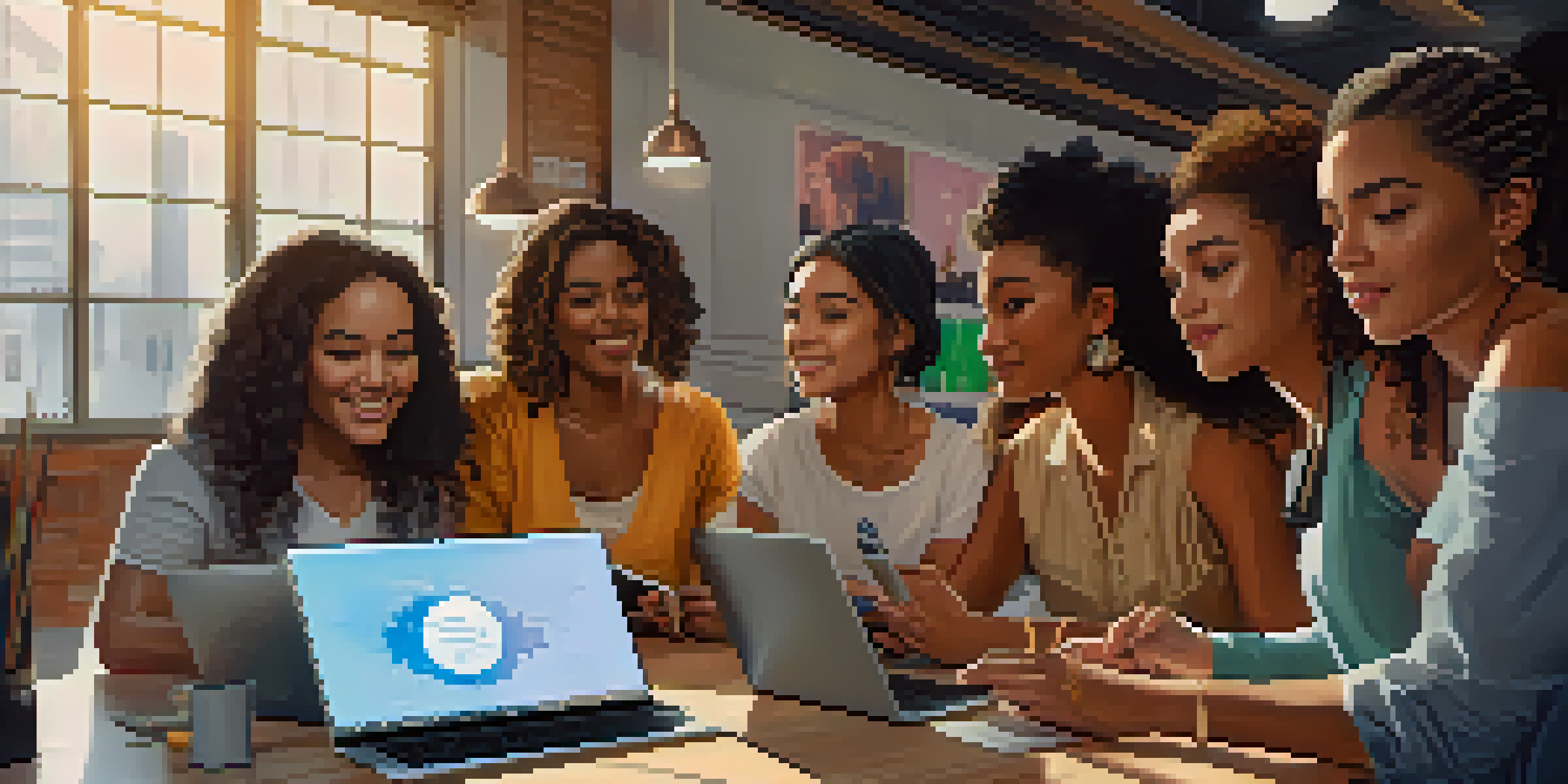 A group of diverse women participating in a cryptocurrency trading workshop, looking at a laptop with charts and digital currency graphics.