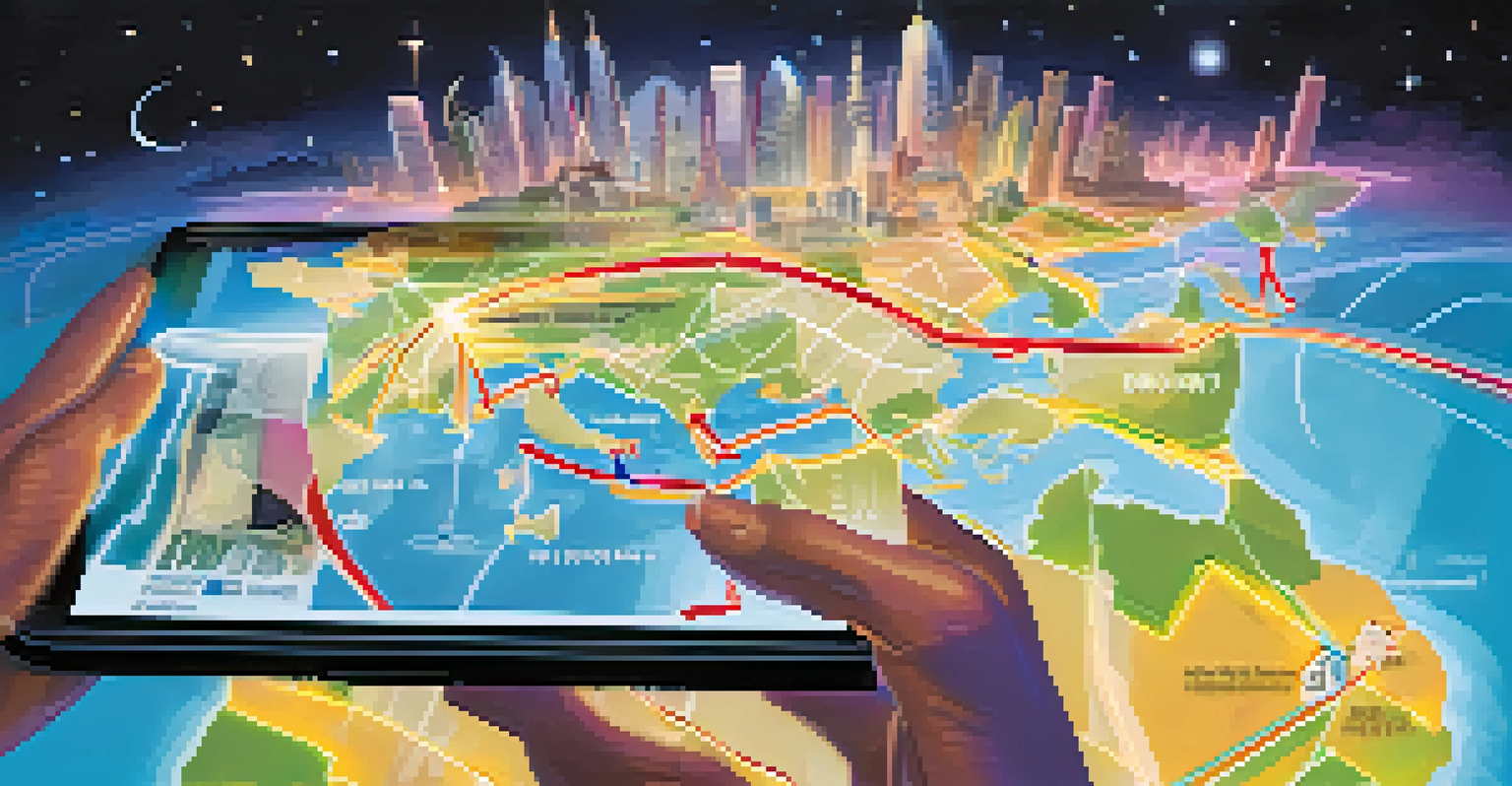 A person using a smartphone to send money, with a digital map and iconic landmarks in the background.