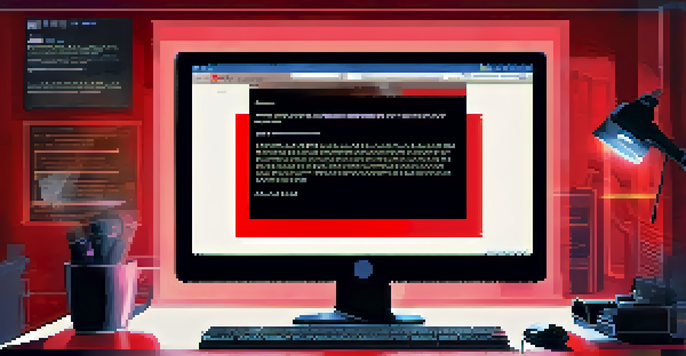 A computer screen showing a phishing email with red flags, set in a dimly lit room with a shadowy figure in the background.