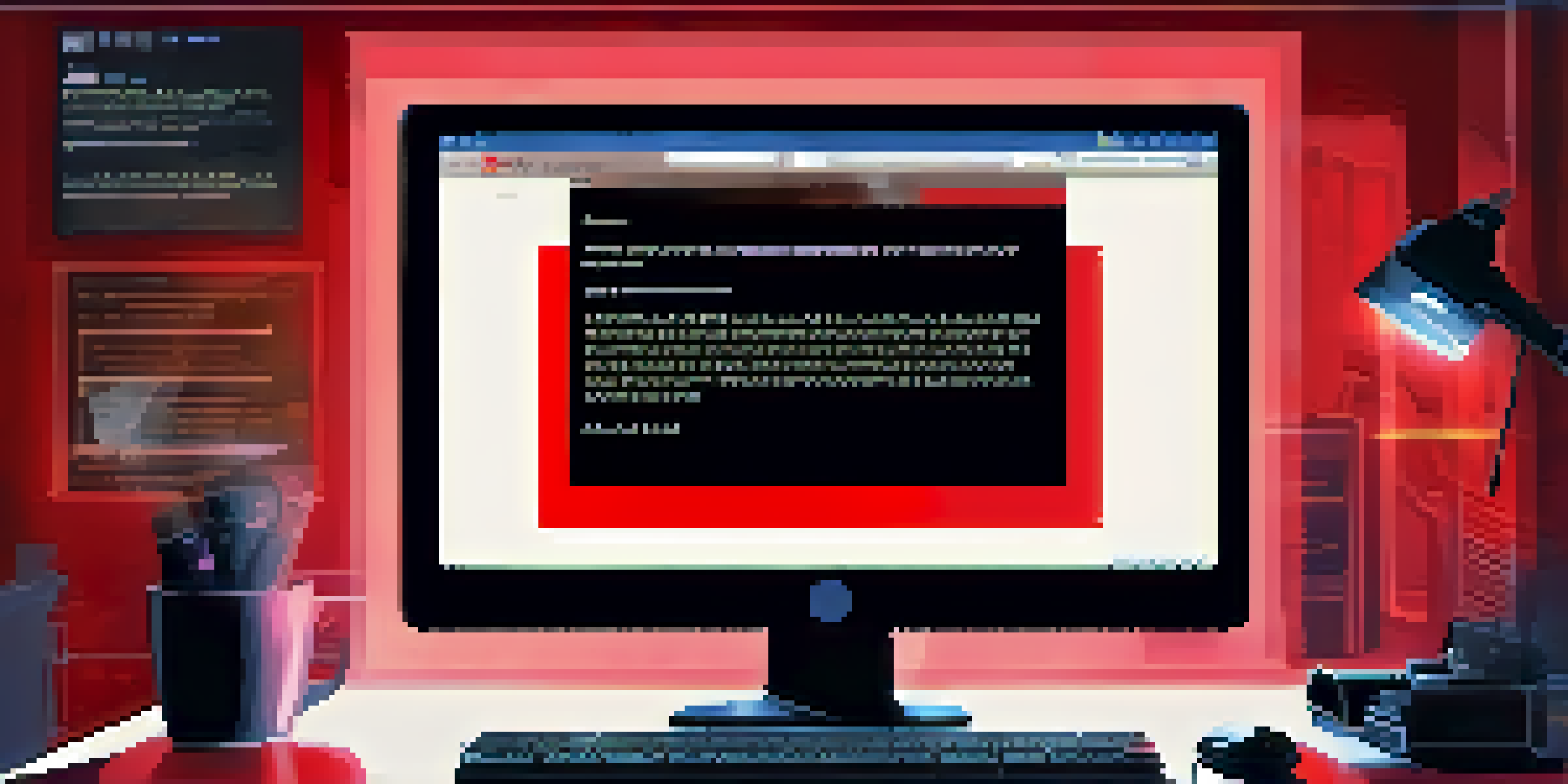 A computer screen showing a phishing email with red flags, set in a dimly lit room with a shadowy figure in the background.