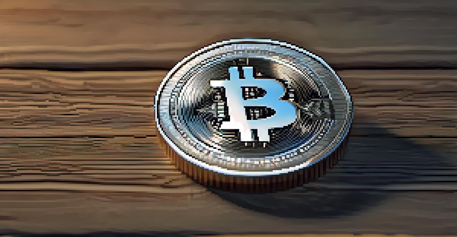 Close-up of a cryptocurrency coin with intricate engravings on a wooden table.