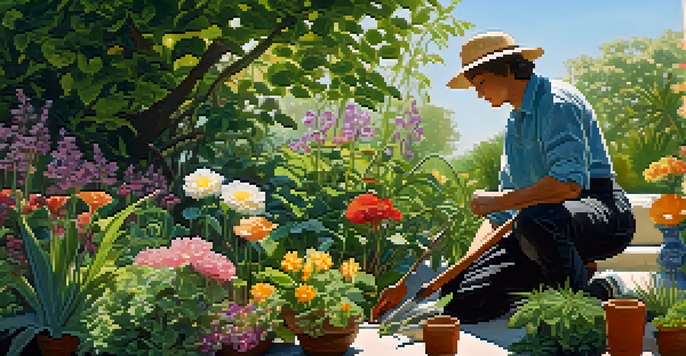 A gardener tending to a vibrant garden filled with various plants and flowers under a sunny sky.