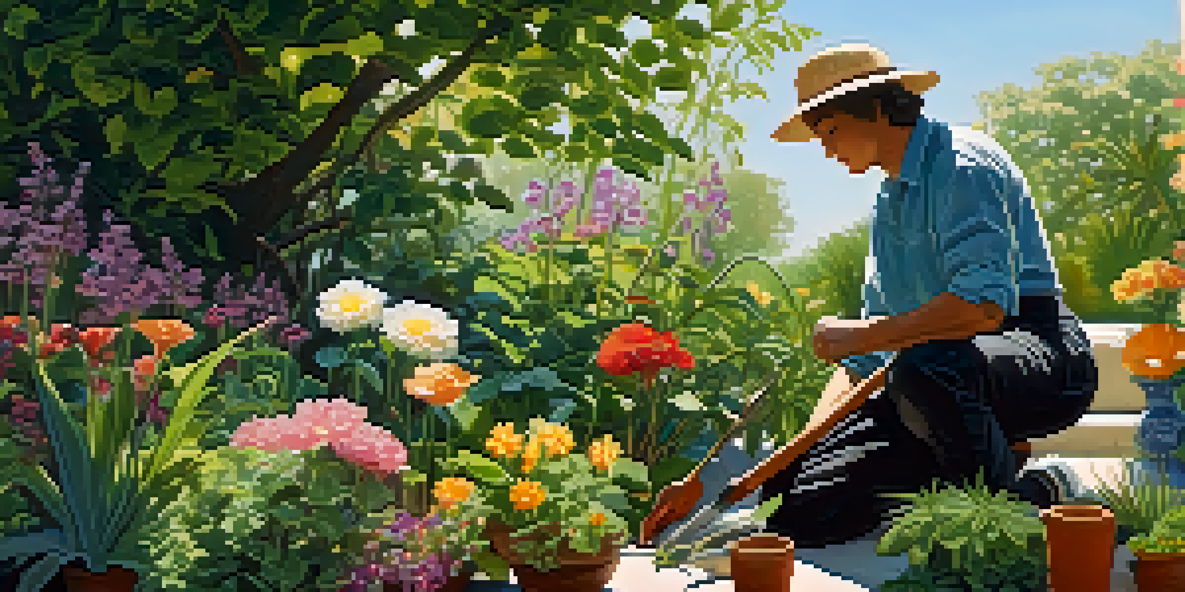 A gardener tending to a vibrant garden filled with various plants and flowers under a sunny sky.
