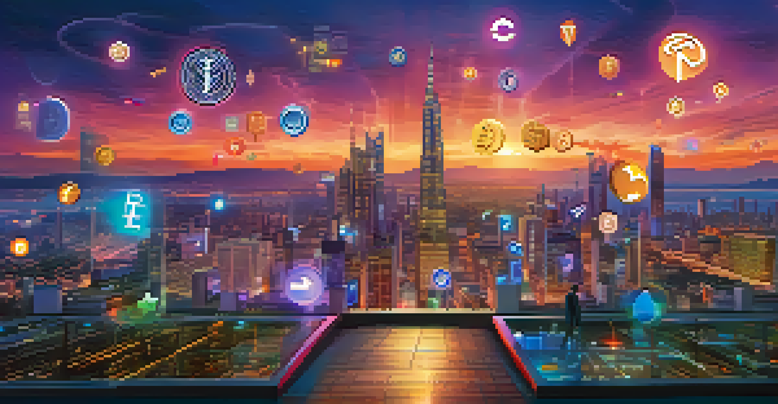 Futuristic digital landscape with glowing cryptocurrency symbols and a city skyline at dusk.