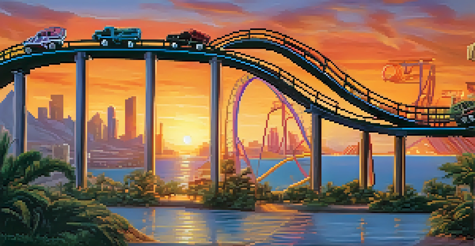 A roller coaster representing the highs and lows of DeFi investments, set against a colorful sunset.
