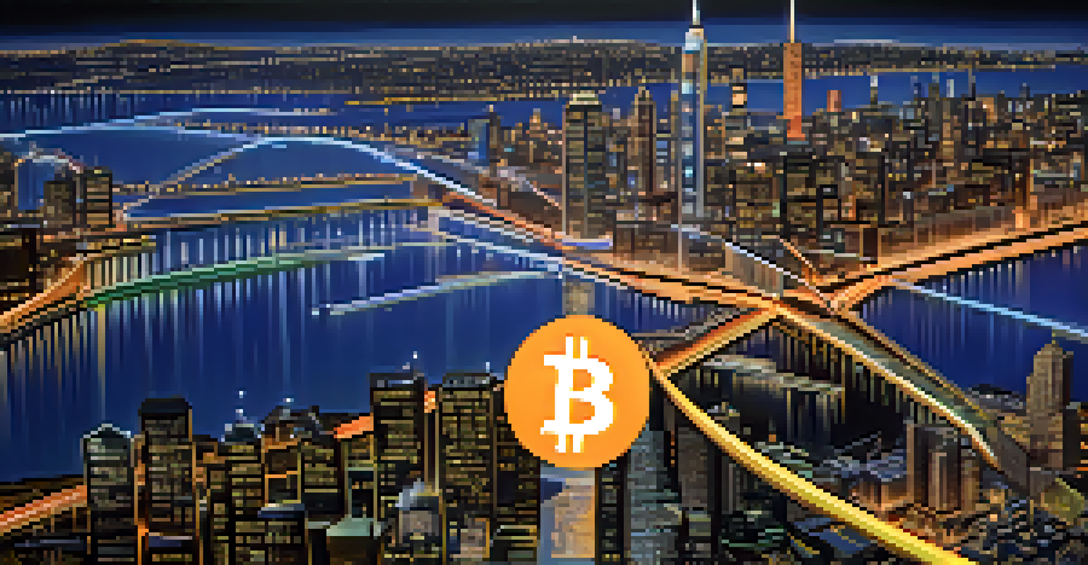 A conceptual image showing a digital currency symbol split into two with fluctuating graphs and dollar signs, set against a city skyline at dusk representing the cryptocurrency market.