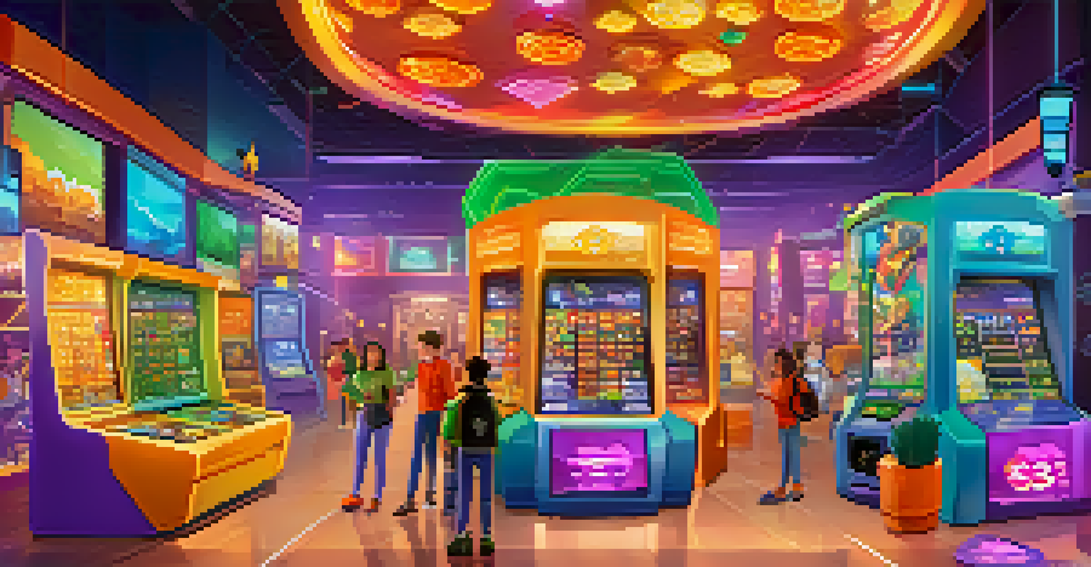 A gamified environment with users earning cryptocurrency rewards through challenges, featuring colorful game elements and a leaderboard in a playful setting.