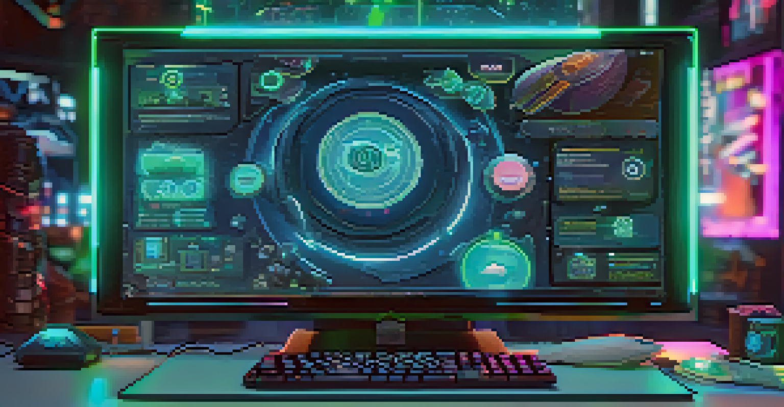 A close-up of a futuristic gaming interface displaying in-game assets with NFT symbols, featuring a character in a unique skin with glowing details.