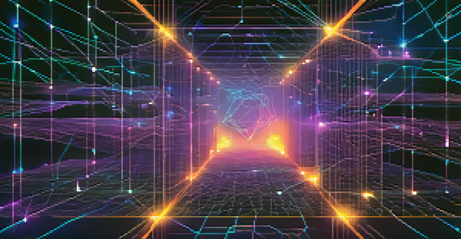 A close-up view of a blockchain network with interconnected nodes and glowing paths against a deep blue and purple background.