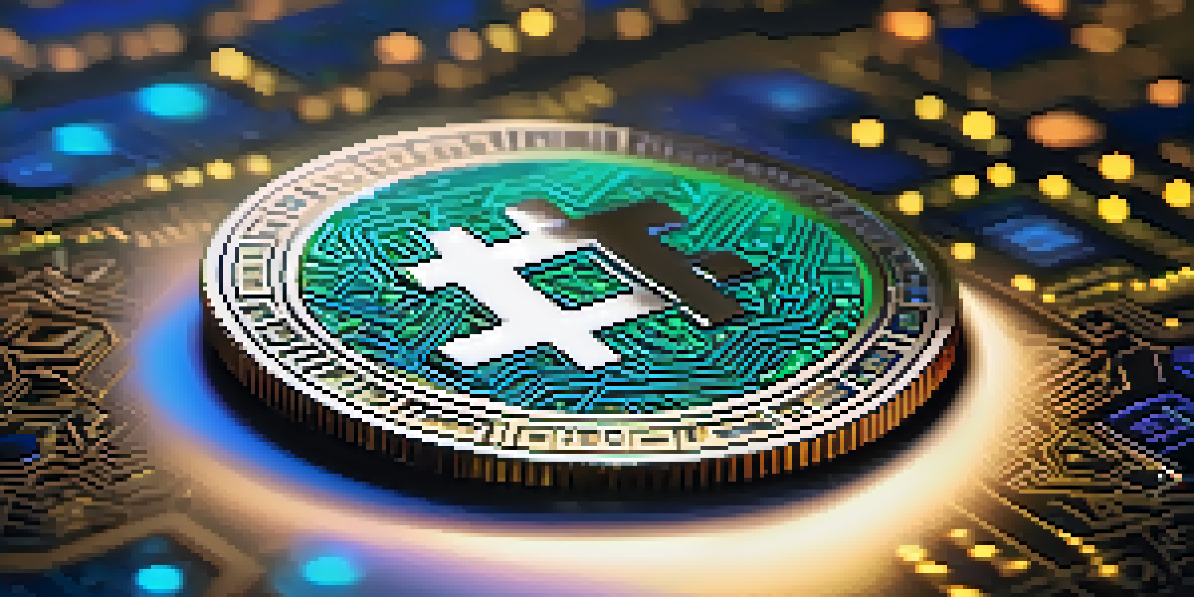A close-up of a glowing digital token on a modern table, showcasing intricate details and a vibrant color palette.