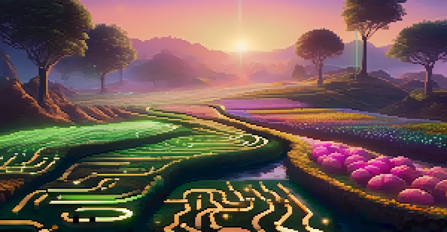 A digital landscape with glowing cryptocurrency symbols growing from soil, illuminated by soft lighting, representing yield farming.