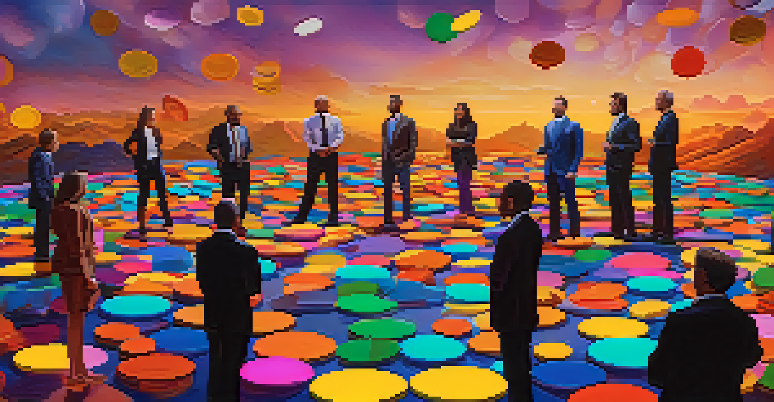 Colorful governance tokens floating above a diverse group of people discussing in a digital landscape.